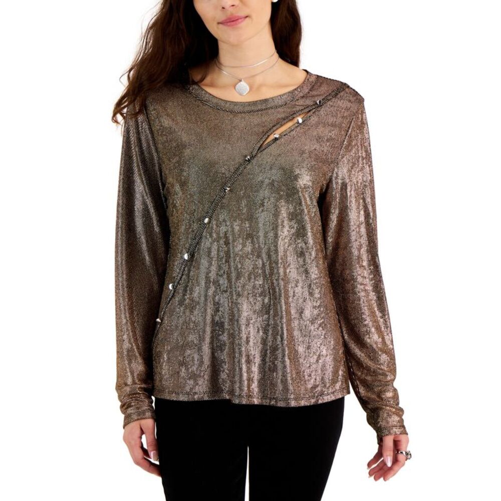 Fever Womens Asymmetrical Button Trim Long Sleeve Top